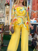 Conjunto Feminino de Chiffon Colorido com Estampa de Verão, Gola Redonda e Duas Peças
