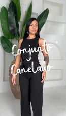 Kit 2 Conjunto Canelado Pantalona Wide Leg Com Bolso Regata Canelada Feminina