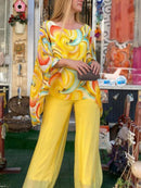 Conjunto Feminino de Chiffon Colorido com Estampa de Verão, Gola Redonda e Duas Peças